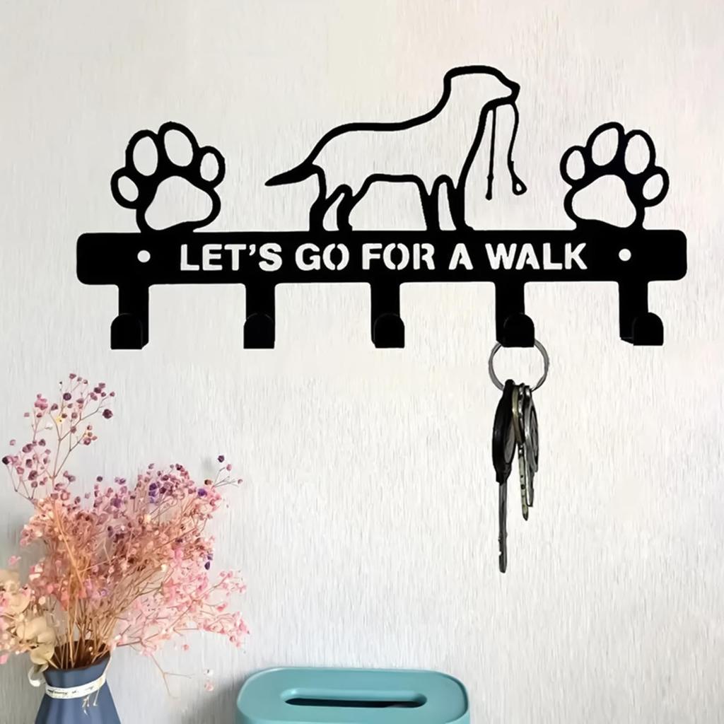 Wall Mounted Key Holder Dog Leash Theme Storage Rack Metal Storage Shelf Black 5-key Storage Hooks For Entryway Door Bathroom