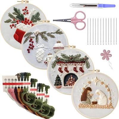 4 Pack Embroidery Starter Kit with Christmas Patterns Cross Stitch Kits with Embroidery Hoop Needles Threads Instruction