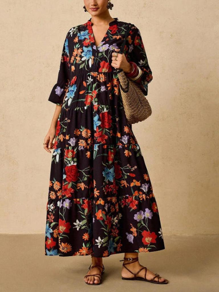 Plus Size Bohemian V-neck Long Dress - Spring/Summer European American Ethnic Style