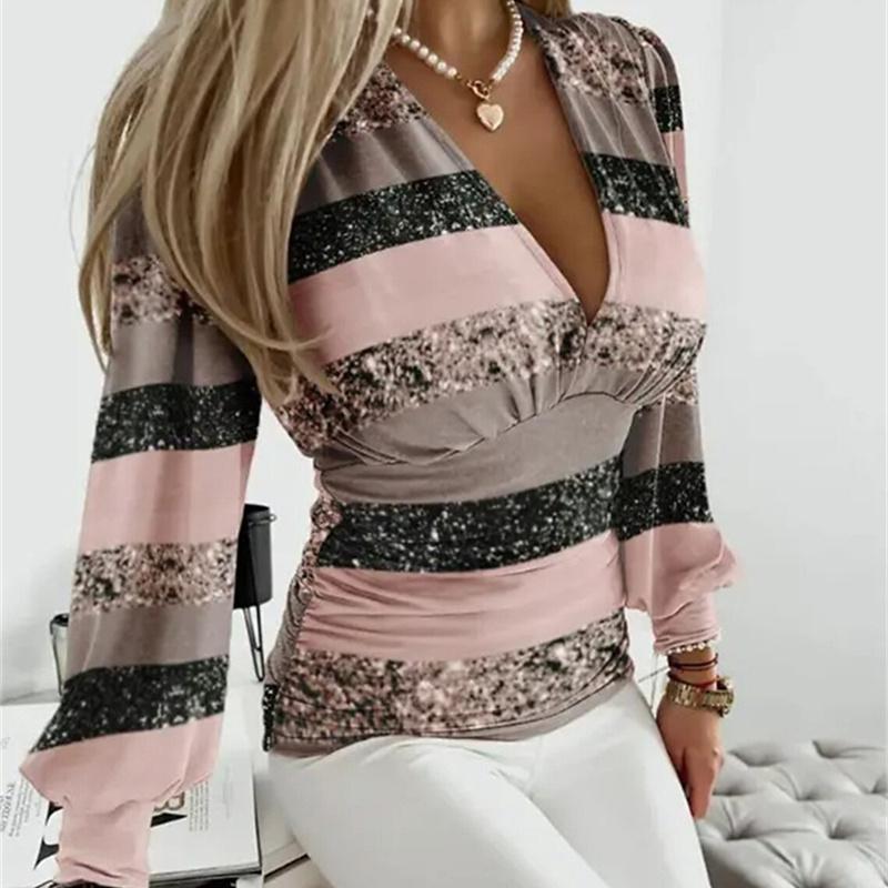 Herbst Gestrickte Top Mode V-ausschnitt Gestreiften Gedruckt frauen Shirt Damen Plaid Schlanke Kleidung