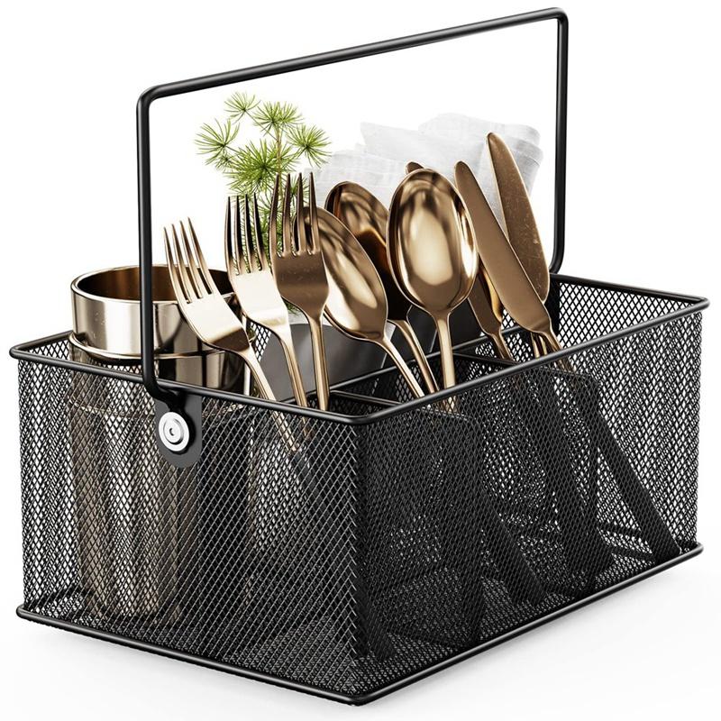 

Black Basket Metal Basket With 4 Compartments, Mesh Flatware Holder Organizer Perfect For Home, Kitchen, Party, Camping