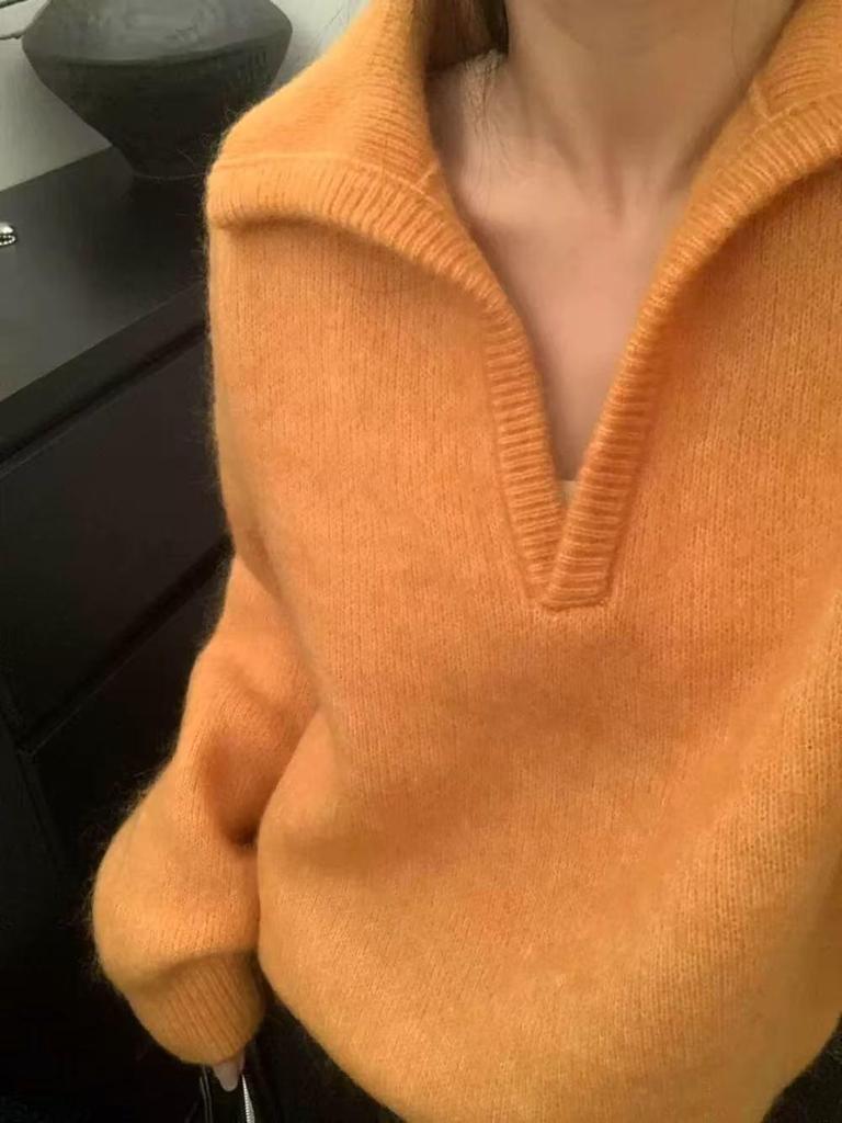 2025 Autumn/Winter Women's Wool Polo Collar Sweater, Korean Lapel Style, Versatile Solid Color Knitwear