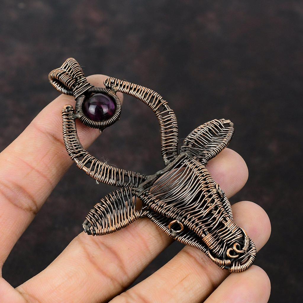 African Amethyst Pendant Copper Wire Wrapped Jewelry Bull Face Gemstone Pendant Copper Pendants Handmade Jewelry Wire Wrap Pendant For Gift