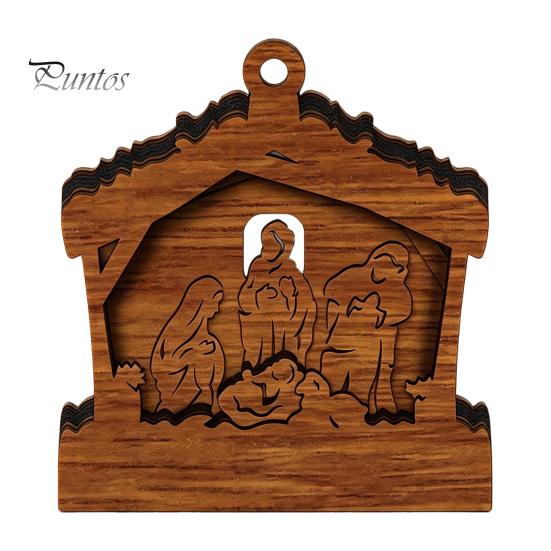 Warm Light Christmas Tree Ornaments 3D Wooden Up Ornament, Layered House Snowman Rustic Holiday Decorations Nativity Scene Hanging Decoration for Xmas