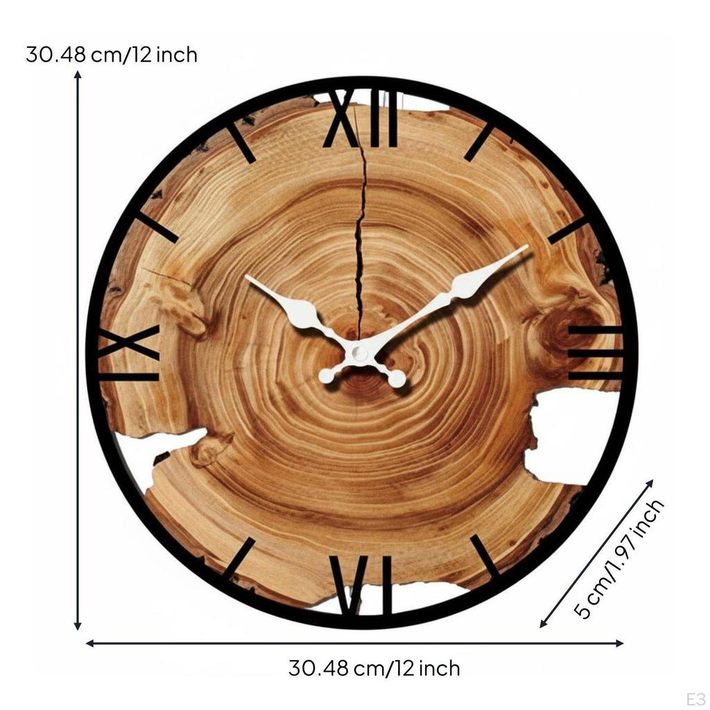 12Inch Wall Clock NonTicking Wood Grain Analog Movement for Living Room, Bedroom, Kitchen Sx1