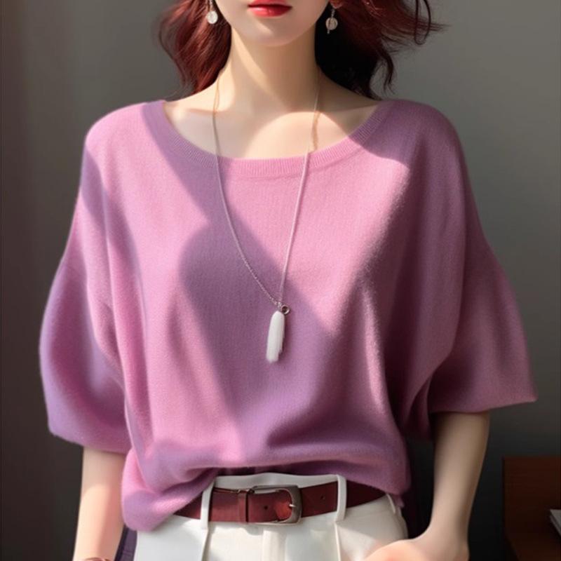 Summer New Purple Knitted Short-sleeved Small Casual Shoulder Top Super Good-looking French Solid Color T-shirt