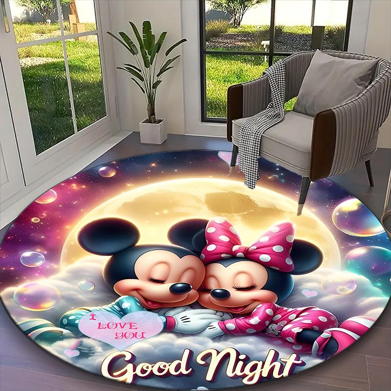 Mickey And Minnie Moon Pastel Floral Rug Ideal for Reading Room, Multi-purpose Office Chair Sofa Carpet, Anti-slip Printed Home Round Rug