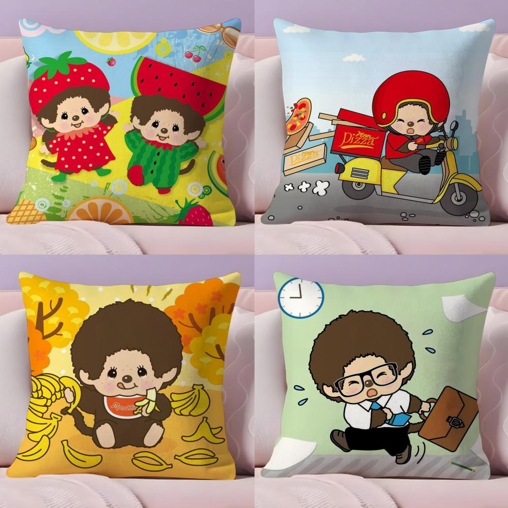 Cartoon M-Monchhichis Cushion Cover Plush Fabric Soft Double-Sided Printed Invisible Zipper Sofa Pillow Case Home Decor