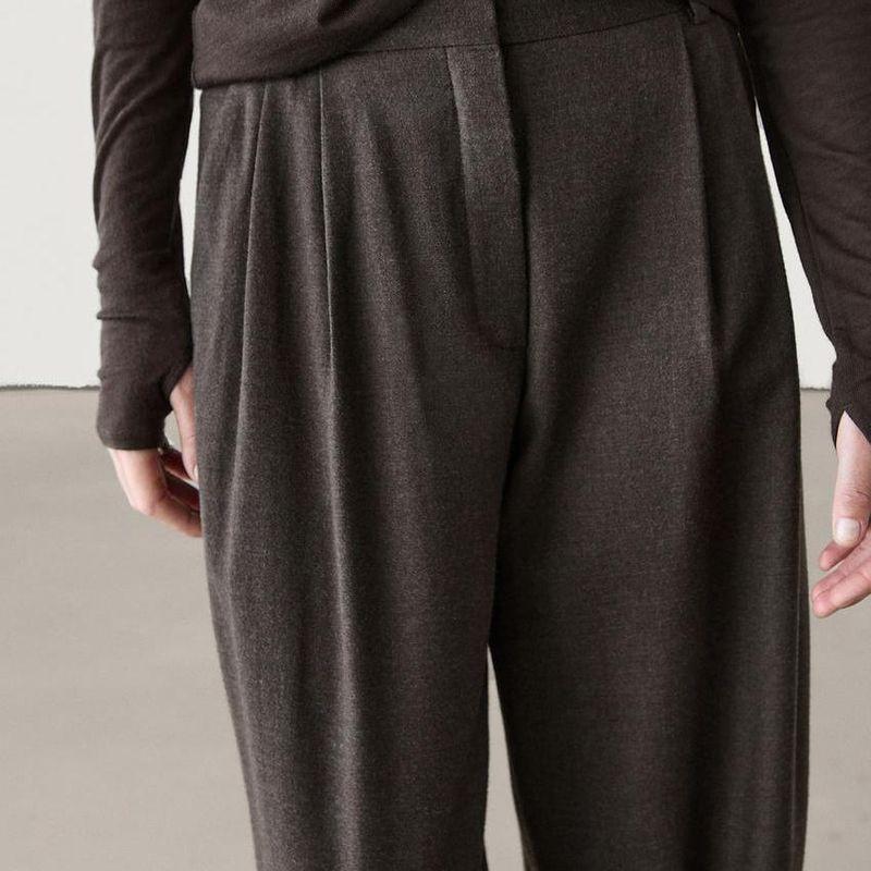 MD Spring New Women's Clothing Elegant Capable Commute Style Retro Brown Flannel Pleated Pants 5015593