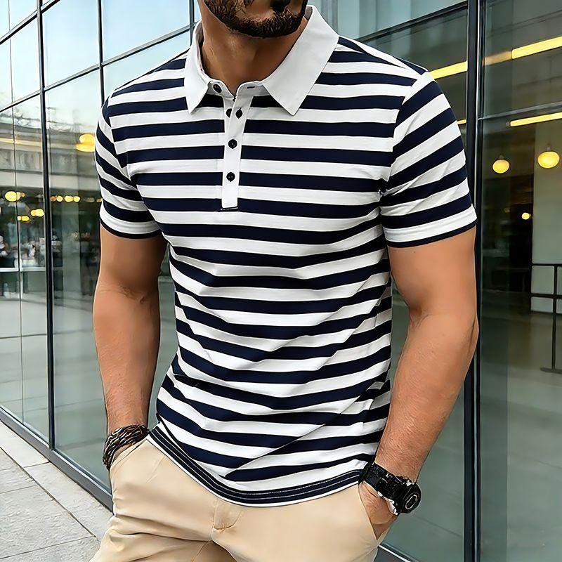 Summer Men's Classic Striped Polo Shirts Short Sleeve Breathable Casual T-Shirt Contrast Color Lapel Collar Streetwear Basic Top