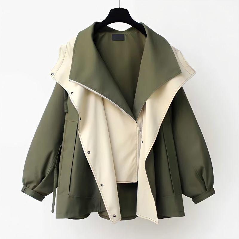 Armee-Grüner Mittellanger Trenchcoat mit Gürtel für Damen - Frühjahrs-/Herbst-Pendler-Oberbekleidung mit Colorblocking