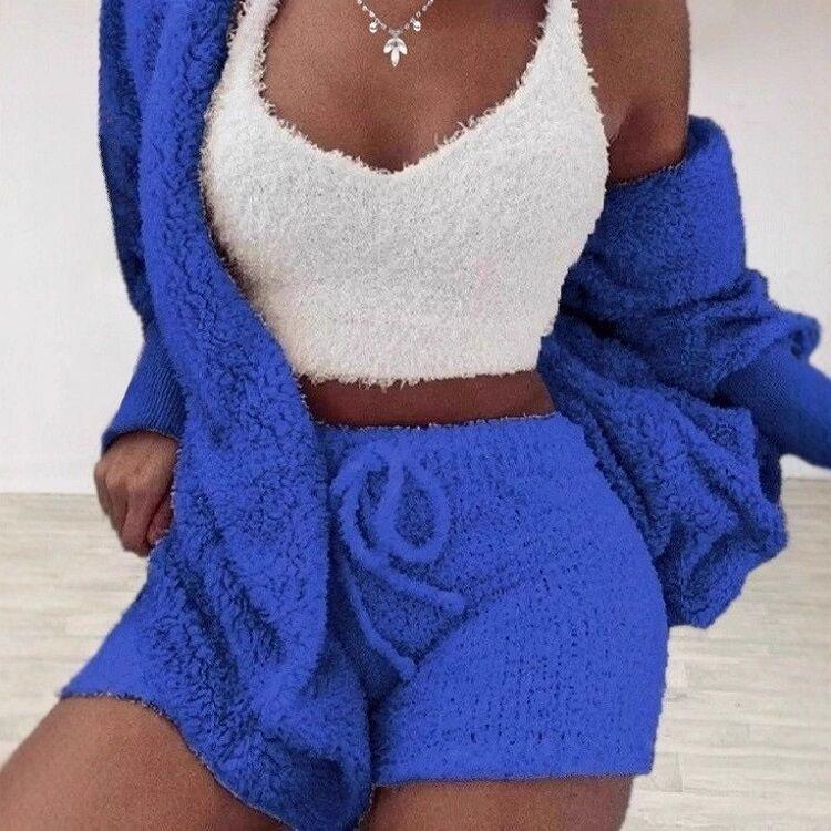 Damen Europäischer und Amerikanischer 2025 Herbst/Winter Langärmeliger Plüsch Dreiteiler Weste und Shorts Set