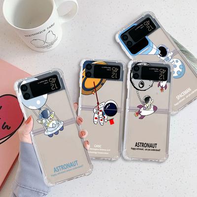 Uroczy, kreskówkowy astronauta, planeta, luksusowe etui do Samsung Galaxy Z Flip 3 4 5G Funda Z Flip3 przezroczysty, twardy tył telefonu PC Coque