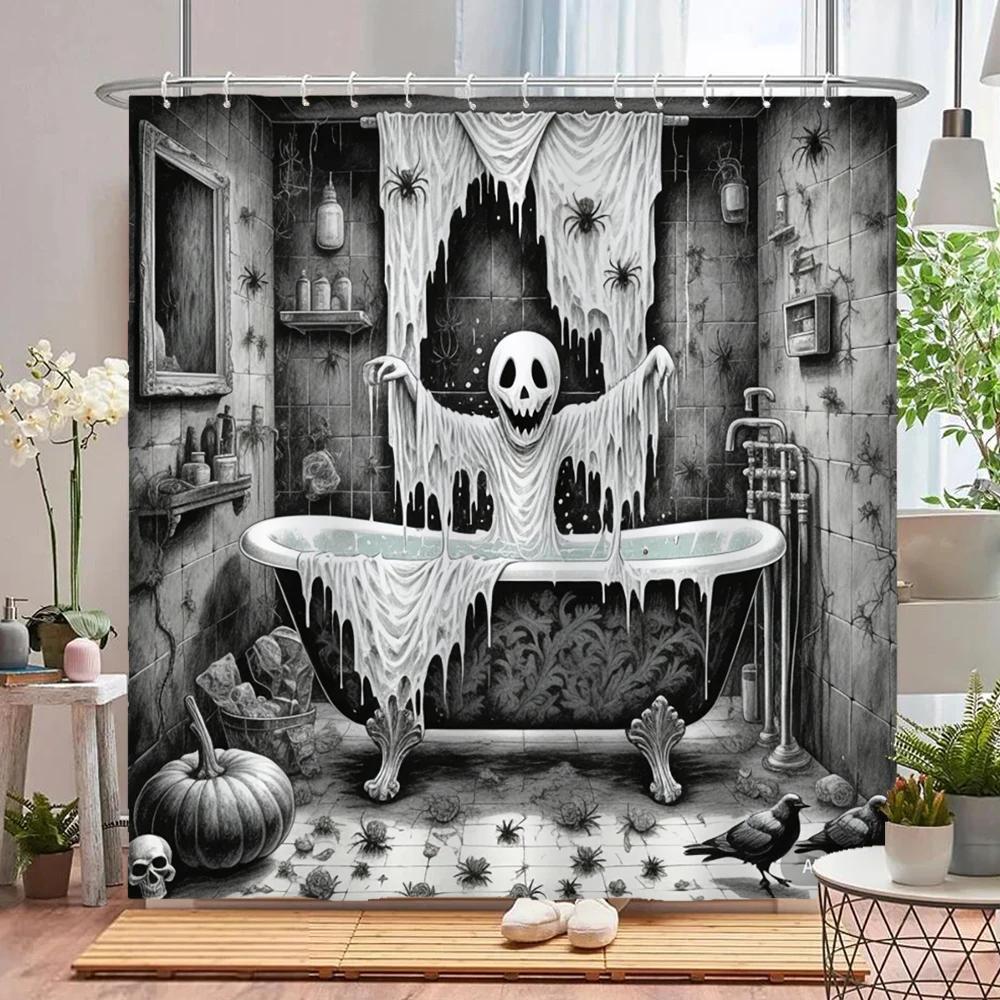 Lustiger Halloween-Duschvorhang Wasserdichter Badezimmer-Vorhang Schrecklicher Verrückter Skelett, Geist, Dunkler Stil Heim-Dekorationsvorhang