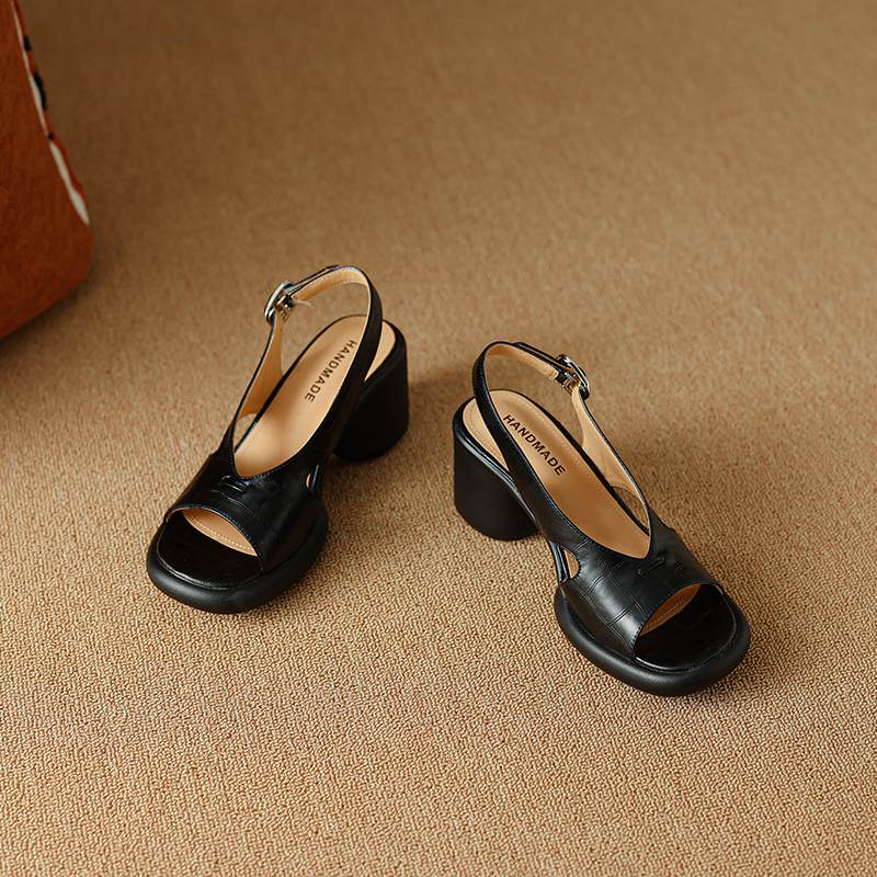 Krazing Pot Cow Skin Peep Toe Size 41 Round High Heels Summer Shoes Buckle Straps Beige Color Vintage Sandals