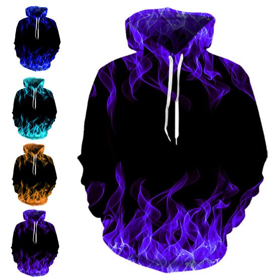 Couple Hoodie Colorful Flame Drawstring Spring Autumn Digital Fire Printed Pockets Sweatshirt