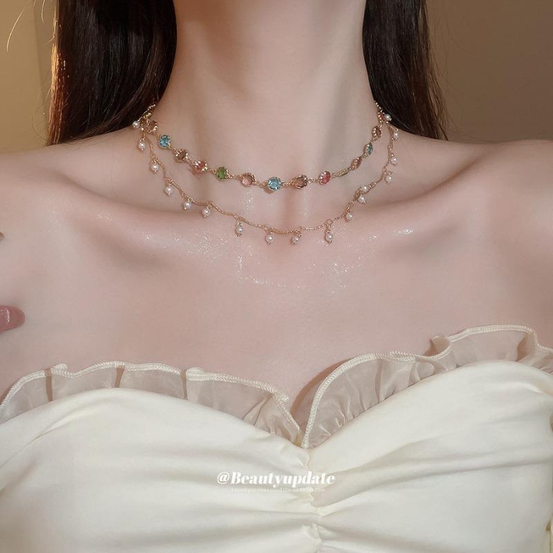 Exotische doppelreihige gestapelte Perlenkette leichte Luxus-High-End-Schlüsselbein-Kette Nischen-Mode-Design Halskettenkette Schmuck
