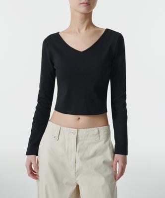 MUSINSA STANDARD WOMAN Women'S Slim Crop Reversible Neck Long Sleeve T-Shirt [Black]
