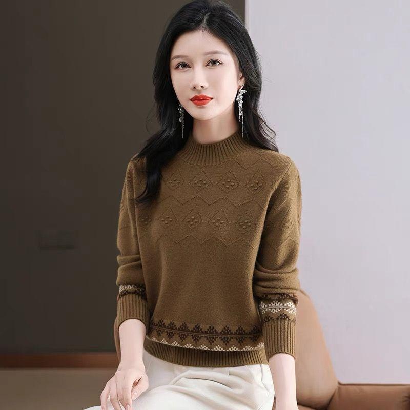 Women's Semi High Neck Retro Sweater Autumn and Winter Jacquard Color Blocked Knitted Sweater Top for Women