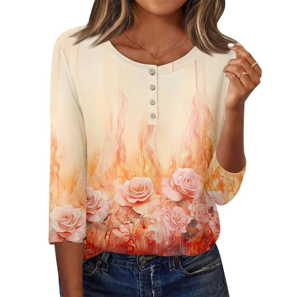 Camicie a 3/4 da Donna Camicia con Bottoni Top da Donna Mezza Abbottonatura Stampa Grafica Blusa