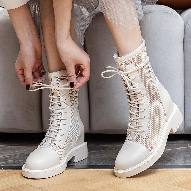 Inner heightening thin Martin boots women's small summer single boots British style hollow cool boots mesh short boots