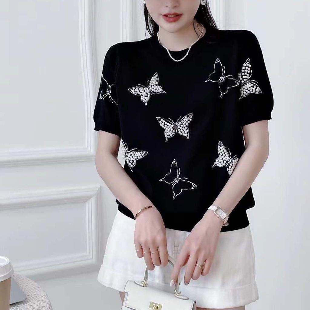 Women's Summer 2025 Butterfly Rhinestone Knitted Top - Ice Silk Short Sleeve, Versatile Round Neck T-Shirt