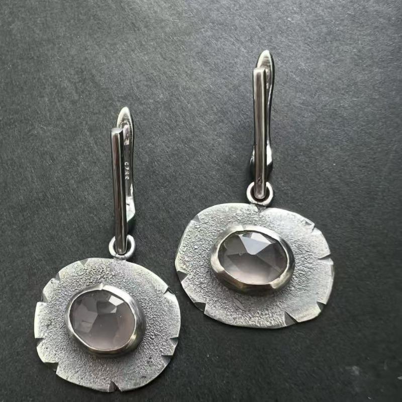 Vintage Flower Round Inlaid White Stone Earrings Geometric Creativity Silver Color Dangle Earrings for Women Jewelry