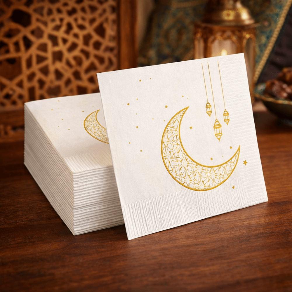 25Pcs White Gold Disposable Table Mat Tissues Eid Al-Fitr Napkins  Middle Eastern Festival