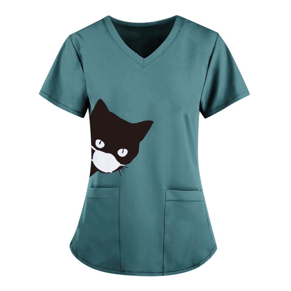 Women's Cute Print Short Sleeve V-neck Top Work  Solid Color Pocket Top