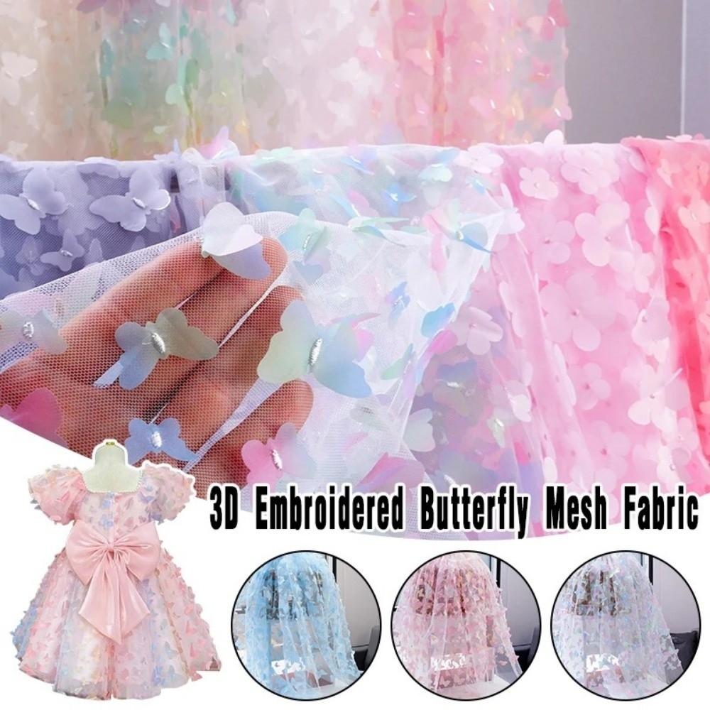 DIY 3D Embroidered Butterfly Mesh Fabric Rainbow Gradient Handmade Tulle Dress Sewing Fabric for Stage Costume