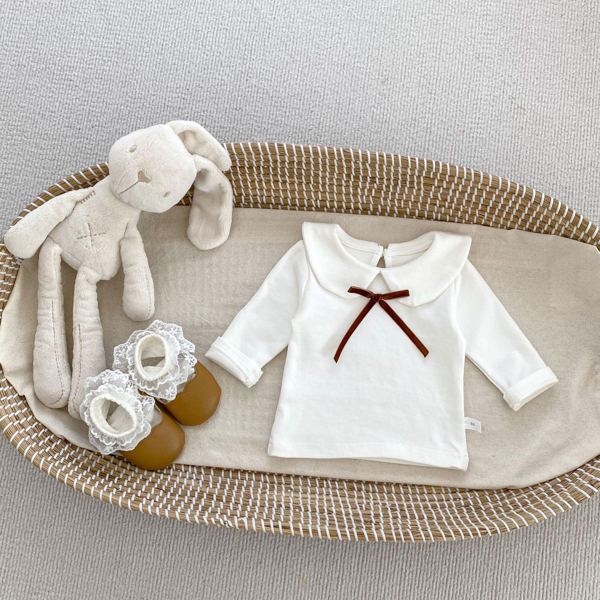 Baby Girl Spring Sweet Bow Tie Collar Long Sleeve Top With Ruffled Bloomers Shorts Two Piece Outfit Set 66cm