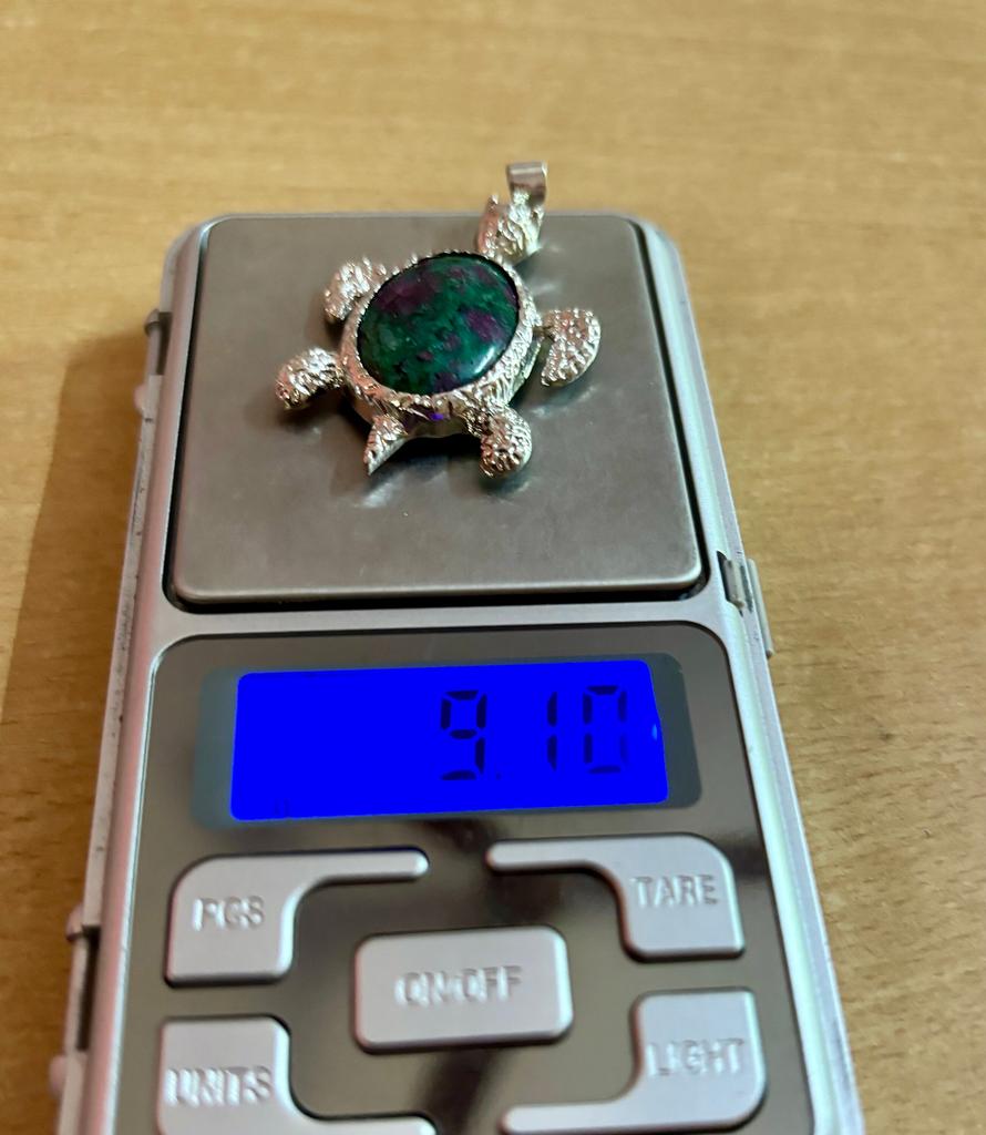 Oxidized Silver Hindu Religious Vishnus Turtle, Tortoise, Kachua Pendant Locket, Kurma Avtaar, RUBY ZOISITE, Temple Pooja, Wealth Good Luck