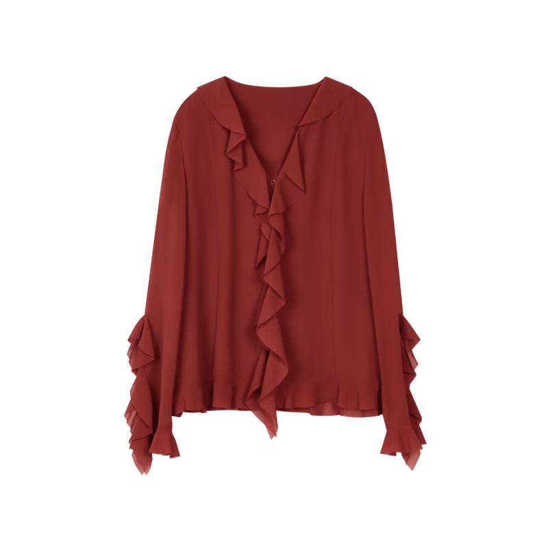 LANCY Ruffle V-Neck Chiffon Blouse S