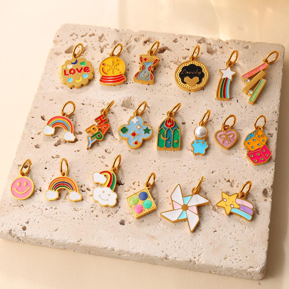 Cute Colorful Oil Dripping Small Pendant Multi-Style Cartoon Pendant Rainbow Smiley Face Love Diy Jewelry Accessories