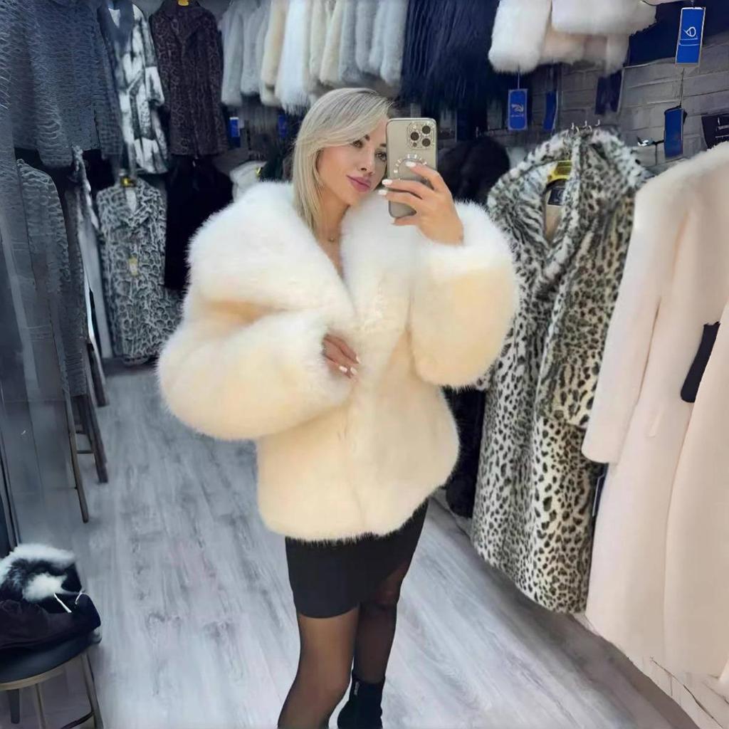 Women Elegant Large Lapel Fox Fur Coat Female Fluffy Casual Long Sleeve Jacket Autumn Winter Thick Warm Faux Fur Coat
