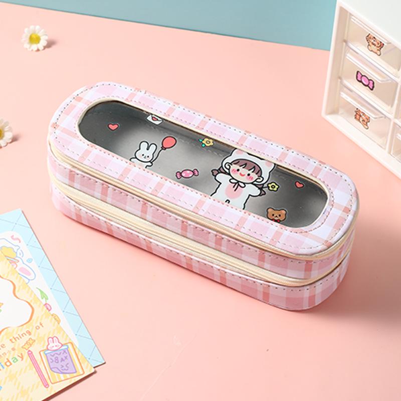 Large Capacity Transparent Cartoon Pencil Case for Girls with Double-Layer Design, Ideal for Elementary School Students
