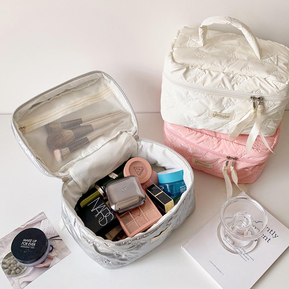 Large Capacity Solid Color Makeup Bag with Ultrasonic Embossing - Desktop Skincare Organizer and Student Toiletry Bag.