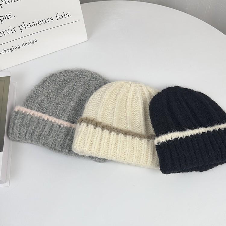 Korean Style Fashion Autumn and Winter Contrasting Hat Wool Hat Warmth Thick Ear Protection Women's Versatile Japanese Knitted Hat Trend