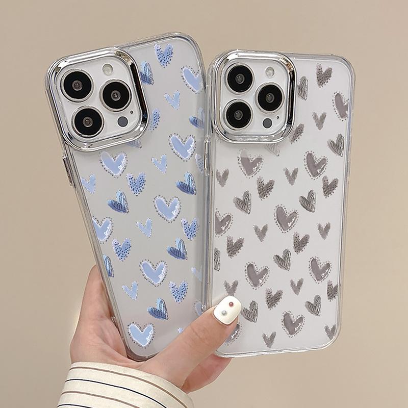 Luxury Electroplating Lens Frame Cute Love Heart Case For iPhone 16 15 14 Pro Max Plus 12 13 Pro 11 Clear Shockproof Phone Cover