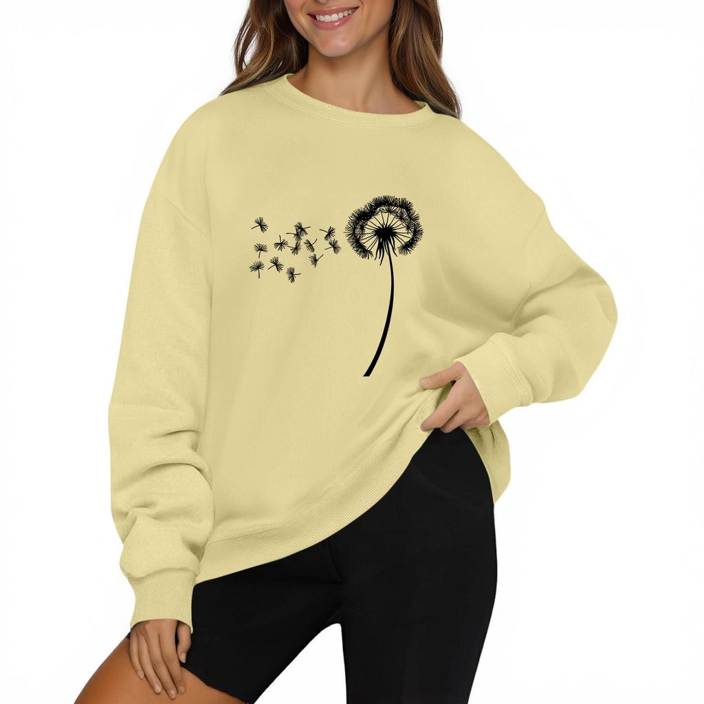 Mote for kvinner, avslappet langermet ensfarget trykket genser med rund hals