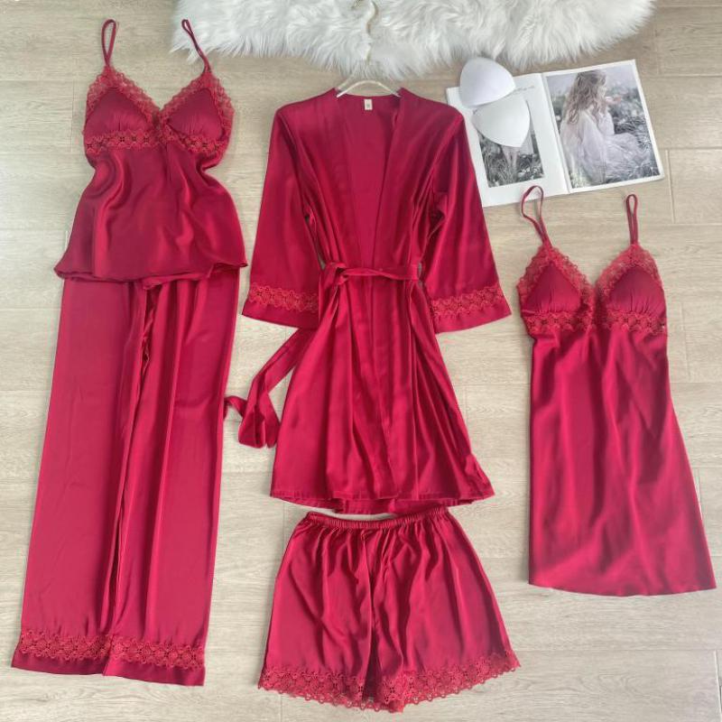 5-częściowy zestaw piżamowy Piżamy Wiosna i Jesień Nowy Styl Damskie Piżamy Długi Rękaw Odzież Domowa Koronka Satyna Odzież Domowa Bielizna