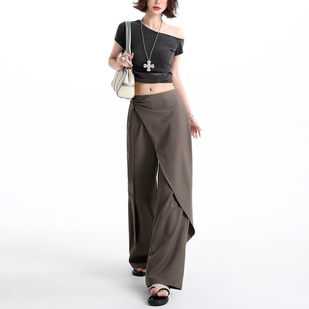 Women's Brown-Gray Wide-Leg Pants with Flowing Ribbons, 2026 New Style, Slimming, Good Drape, Casual Straight-Leg Suit Pants.