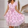 Elegant Women Casual Dress Retro Floral Print Chiffon Long Dress V Neck Short Sleeve Harajuku Party Ladies Fashion Autumn New Style