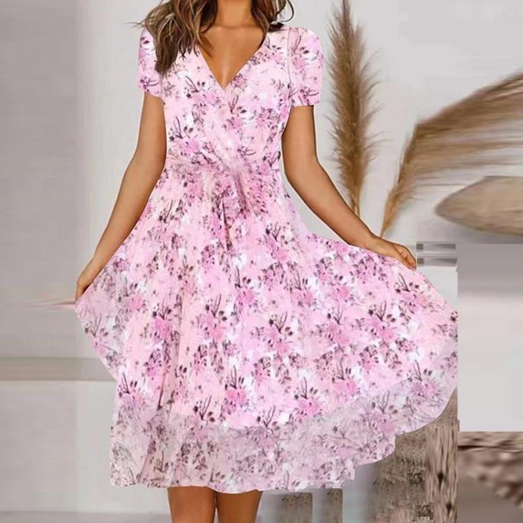 Elegant Women Casual Dress Retro Floral Print Chiffon Long Dress V Neck Short Sleeve Harajuku Party Ladies Fashion Autumn New Style