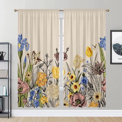 2pcs Rustic Colorful Flowers, Study Room Kitchen Living Room Dorm Room Rod Pocket Top Window Drapes, Bedroom