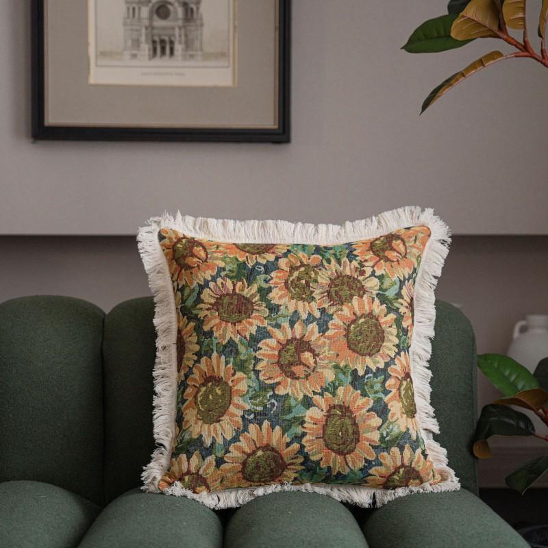 American Style Floral Jacquard Throw Pillow Cover With Tassel Trim Sofa Chair Bed Car Decor 45x45cm 60x60cm