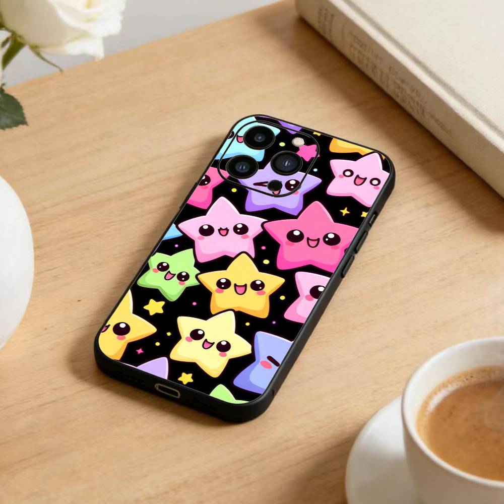 Y2K Cute Strawberry Stars Phone Case For iPhone17,16,15,14,13,12 Plus,Max Soft Silicone Black Cover