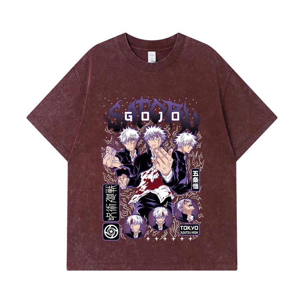 275 GSM Washed T-shirts 100% Cotton Jujutsu Kaisen V24 Gojo Print Unisex Heavy Cotton T Shirt