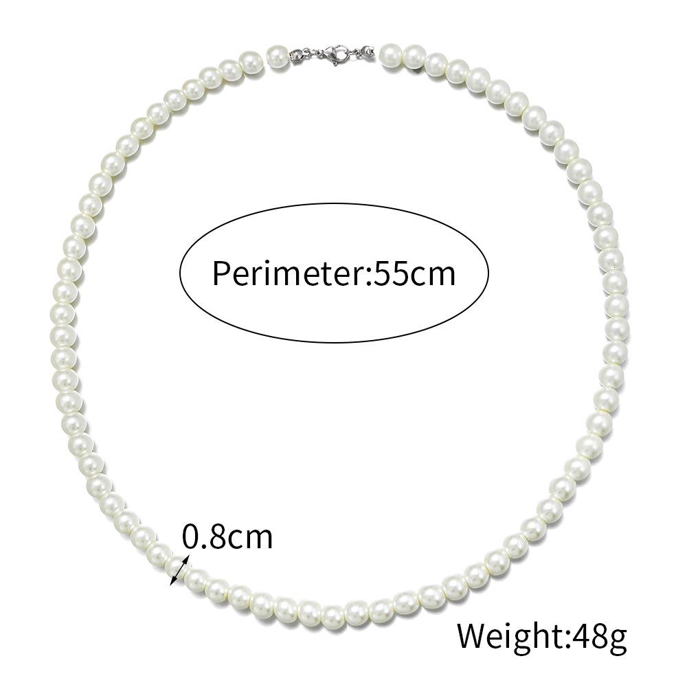 Men's Single Layer Pearl Necklace - Round Beaded Stainless Steel Clavicle Chain