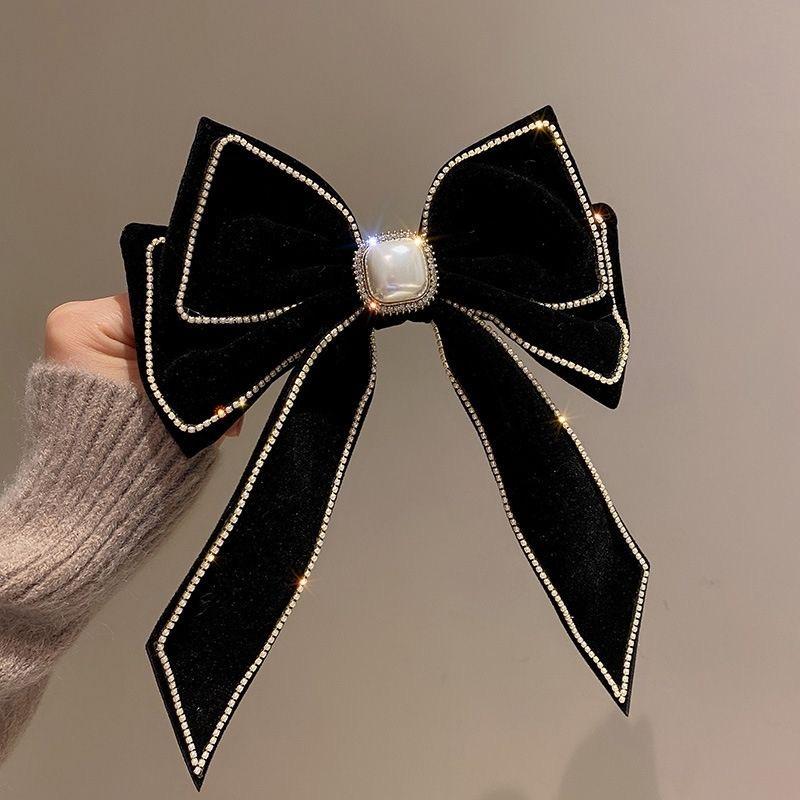 Velvet Rhinestone Pearl Bow Hair Clip – 2024 Korean Fashion, Elegant Spring Hair Accessory